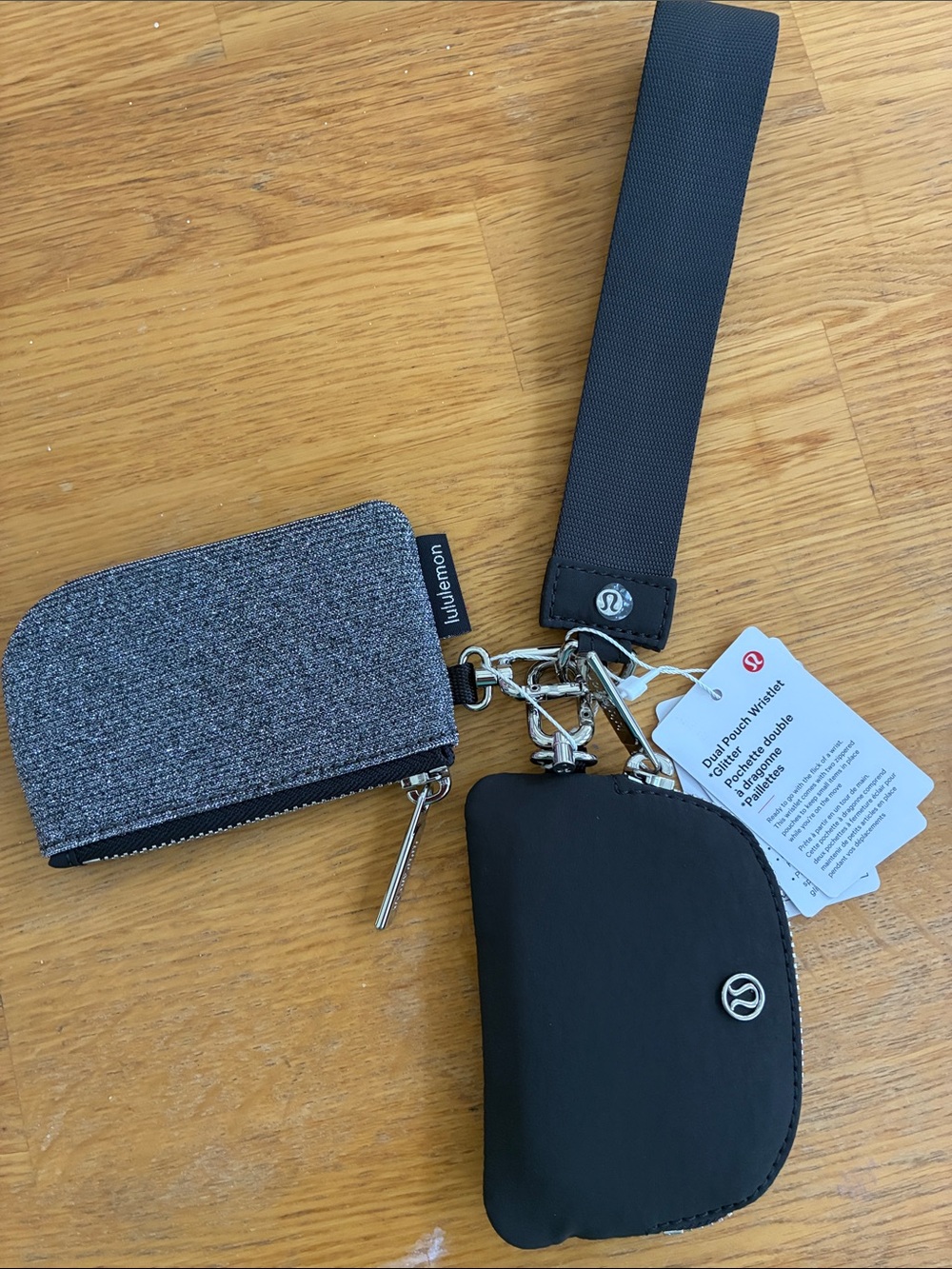 lululemon Black and Heather Gray Dual Pouch Wristlet duo with Strap